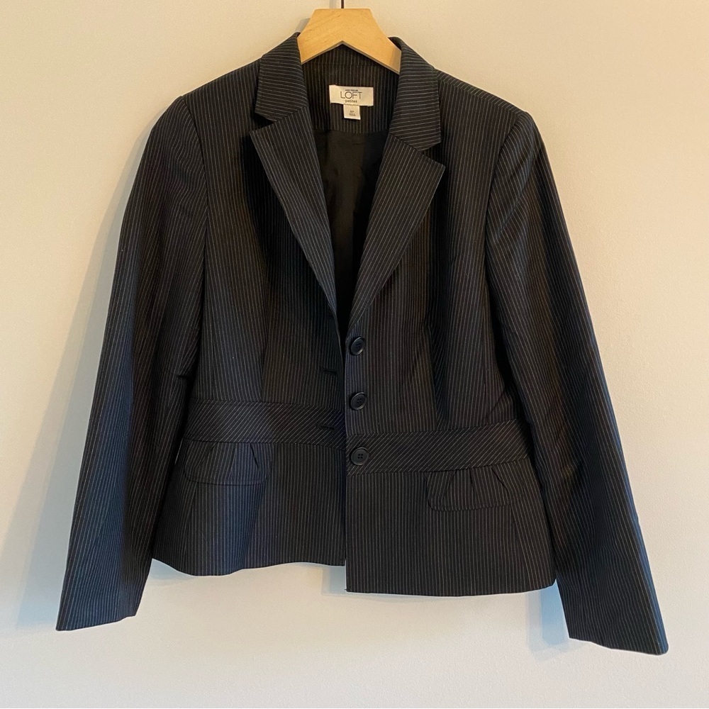 Ann Taylor LOFT Petites Wool Peplum Pin Striped Blazer Suit Jacket Black Size 8P